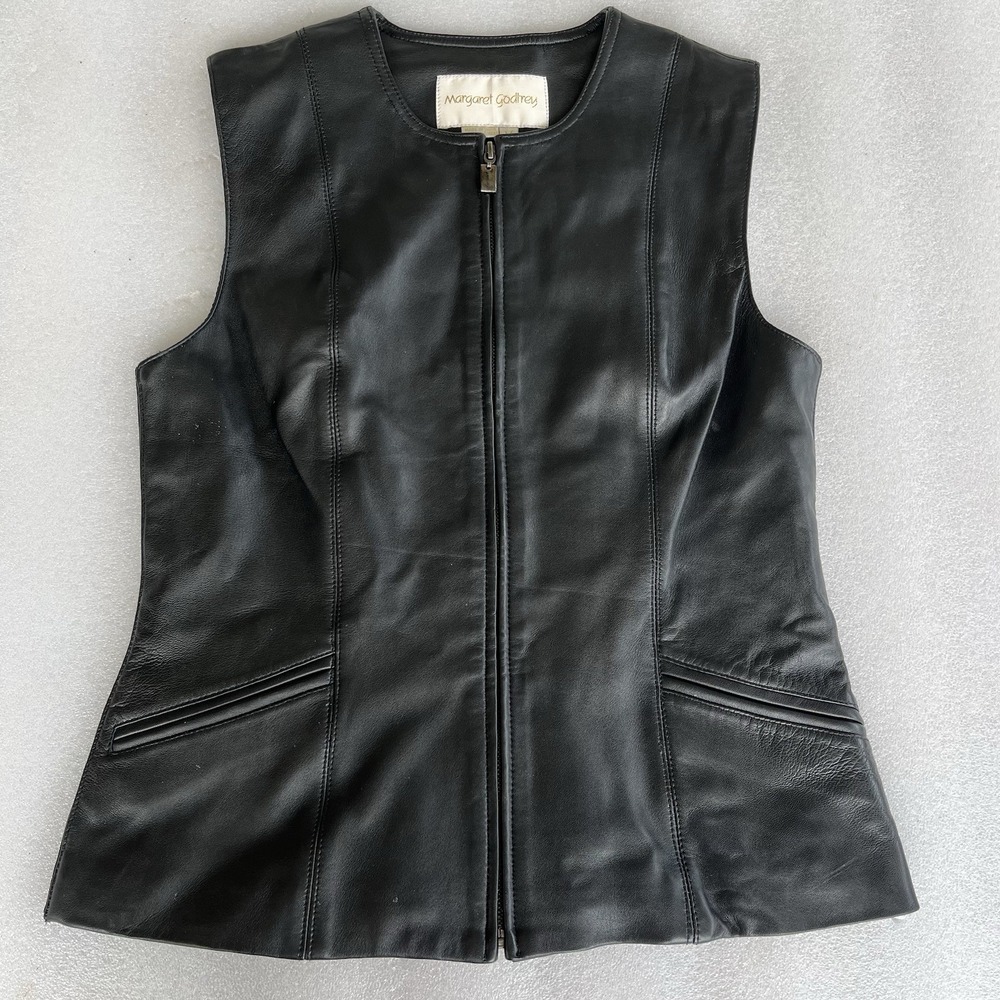 Margaret Godfrey Black Leather Zip Up Vest Size M Vintage 90's Biker Retro